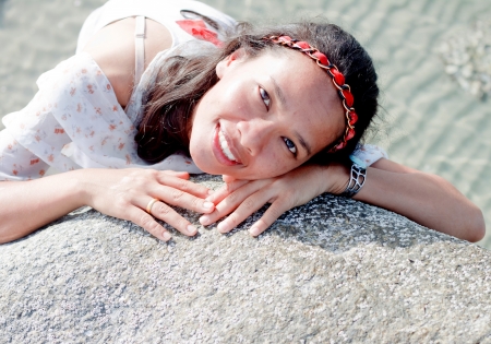 thai girl portrait Young woman on the beach の写真素材