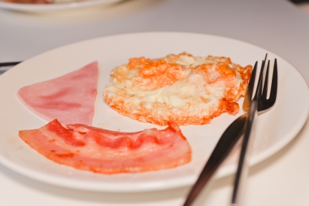 Breakfast with bacon, fried eggの写真素材