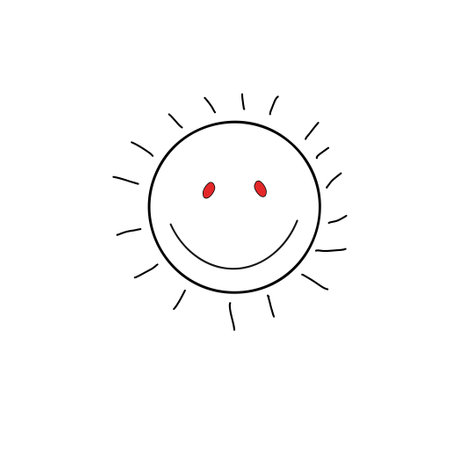 Smiling sun doodle icon. Hand drawn vector illustration.の写真素材