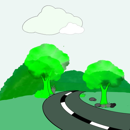 Vector illustration of a road with trees and clouds in the background.の写真素材