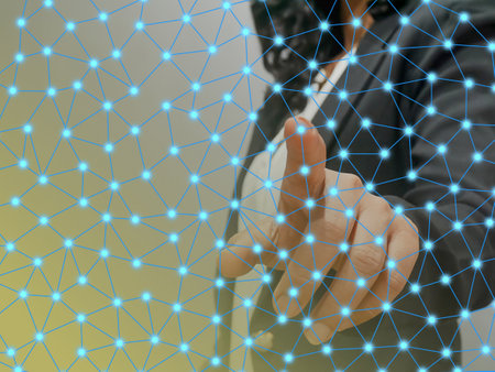 businessman hand touching on virtual screen with network line and flare effect
