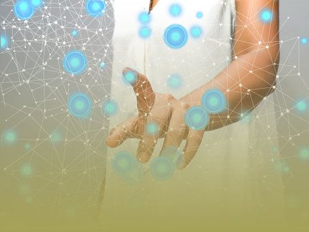 Businesswoman touching virtual screen with network connection. Concept of global communication.