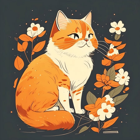 Cute cat with flowers on a dark background. Vector illustration.の素材
