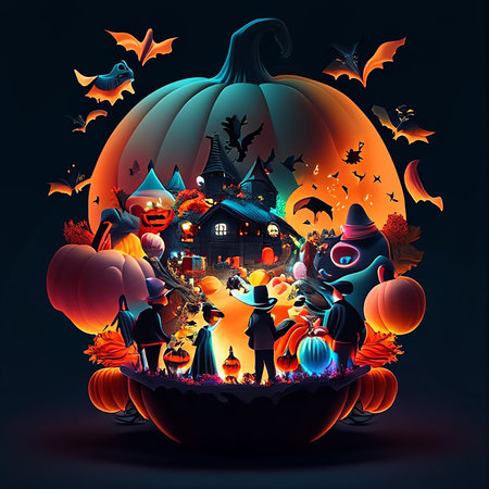 Halloween background with pumpkins, bats and witchs. Vector illustration.の素材