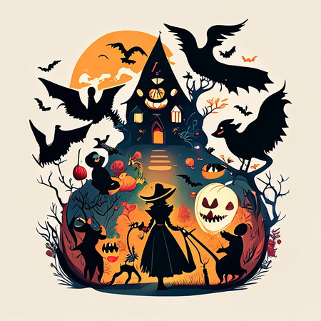 Halloween background with pumpkins, ghosts, bats and witch. Vector illustration.の素材