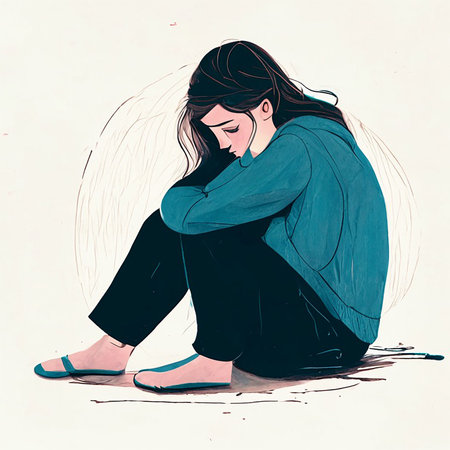 Illustration of a sad woman sitting on the floor, hand drawnの素材