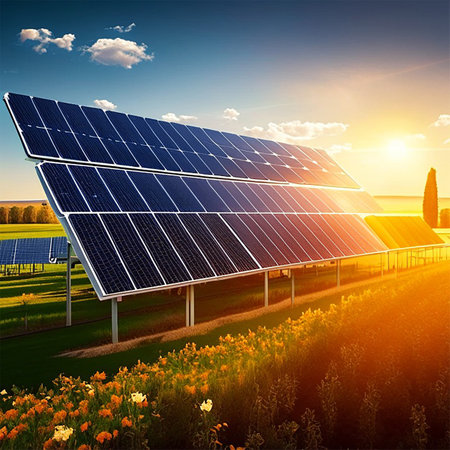 Solar panels on the field. Alternative energy source. 3d renderの素材