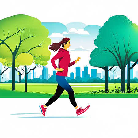 Running woman in city park, vector illustration. Healthy lifestyle concept.の素材