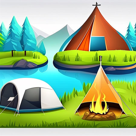 Set of camping tents and bonfire in the forest. Vector illustrationの素材