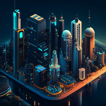 City night view with skyscrapers and lights, 3d renderingの素材