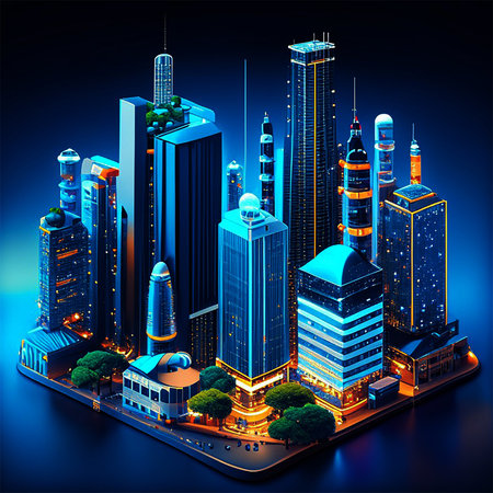 Skyscrapers and modern buildings on a blue background. 3d renderingの素材