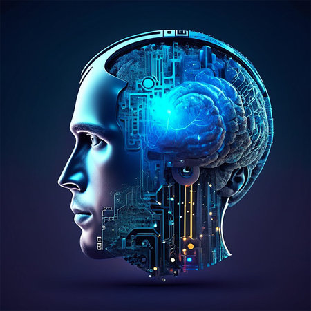 Artificial intelligence concept. Human head with digital brain and circuit board. 3d illustrationの素材