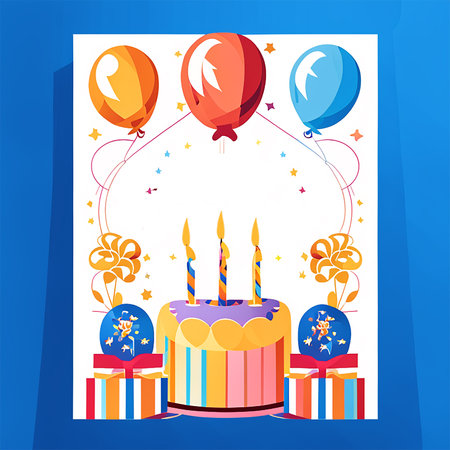 Happy Birthday card with cake, balloons and gift boxes. Vector illustration.の素材