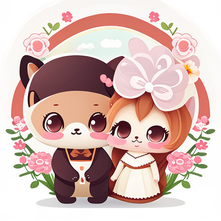 Cute cartoon kawaii couple of cute animals. Vector illustration.の素材