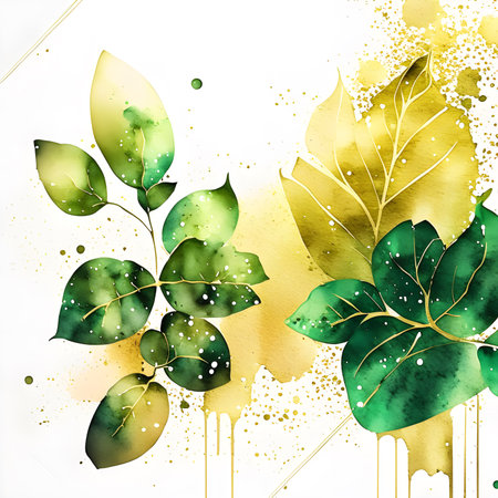 Watercolor background with green leaves and splashes. Vector illustration.の素材