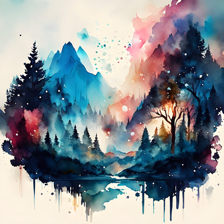 Watercolor landscape with mountains, forest and lake. Hand drawn illustrationの素材