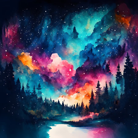 Watercolor night landscape with lake, forest and starry sky.の素材