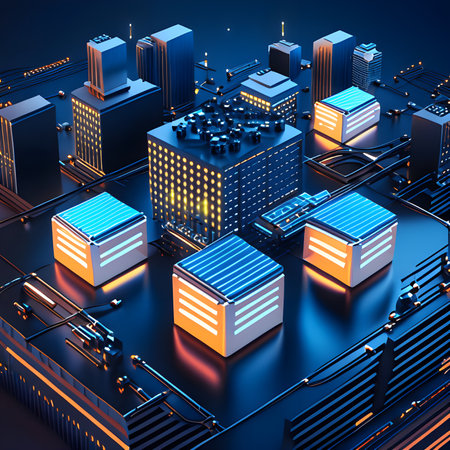 3d render of futuristic city with skyscrapers in neon lightの素材