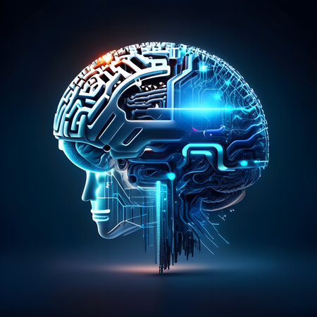 Artificial intelligence concept. 3D rendering in blue and black backgroundの素材