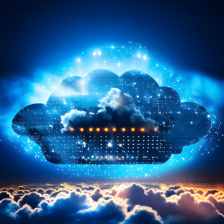Cloud computing technology concept with binary code and lights on dark blue backgroundの素材