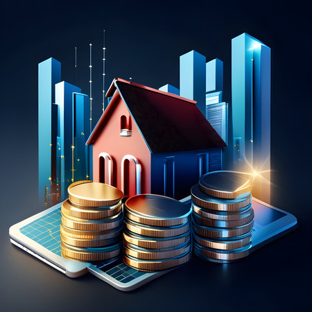 Real estate investment concept with house and stack of coins. Vector illustration.の素材