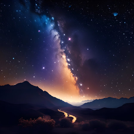 Milky way over the mountains at night. 3D rendering.の素材