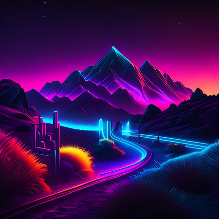 Night landscape with mountains and road, neon lights. Vector illustration.の素材