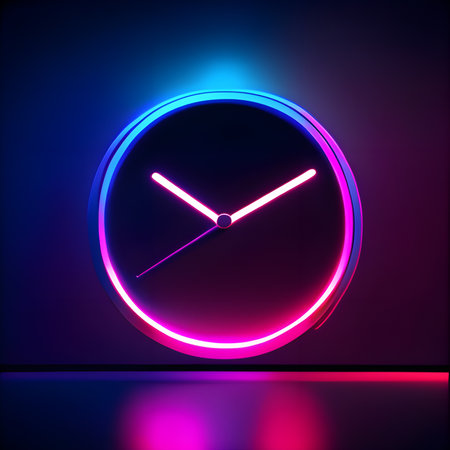 Glowing neon clock icon on dark background. Vector illustration. Eps 10.の素材