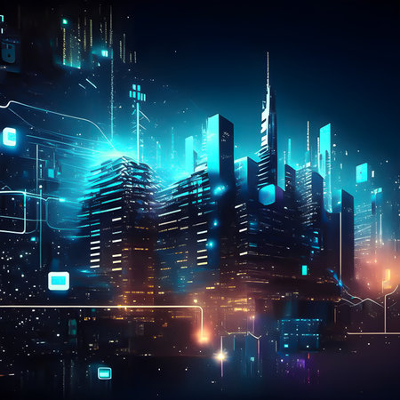 Abstract futuristic city with glowing lights. Business concept. Vector illustration.の素材