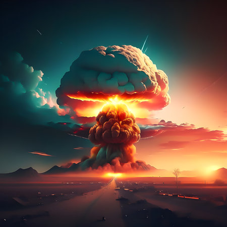 Big explosion of nuclear bomb in the desert. 3D illustration.の素材