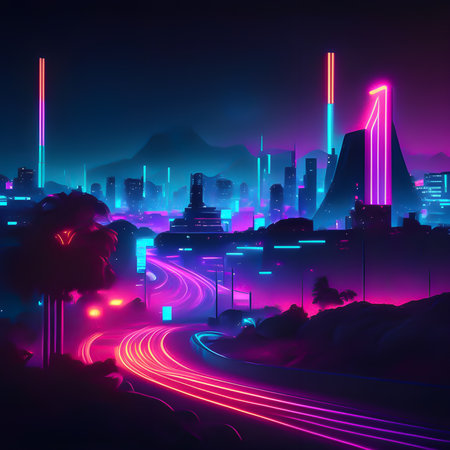 Night city with neon lights. Futuristic cityscape. Vector illustrationの素材