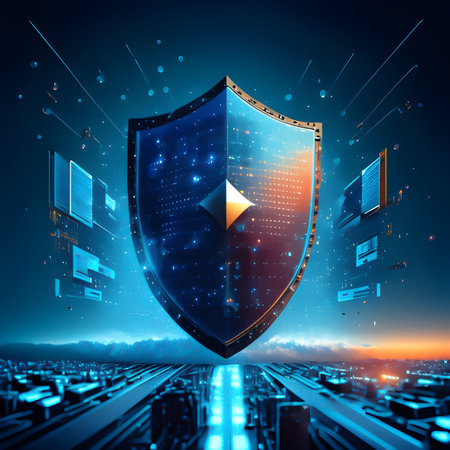 Cyber security and data protection concept. Shield with cryptocurrency symbol on abstract background.の素材