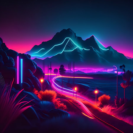 Futuristic landscape with mountains, road and neon lights. Vector illustrationの素材