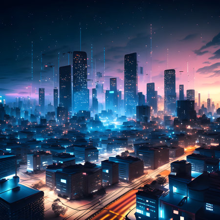Night cityscape with neon lights and skyscrapers, 3d renderingの素材