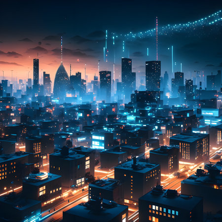 Night city with neon lights. Futuristic cityscape. 3D renderingの素材