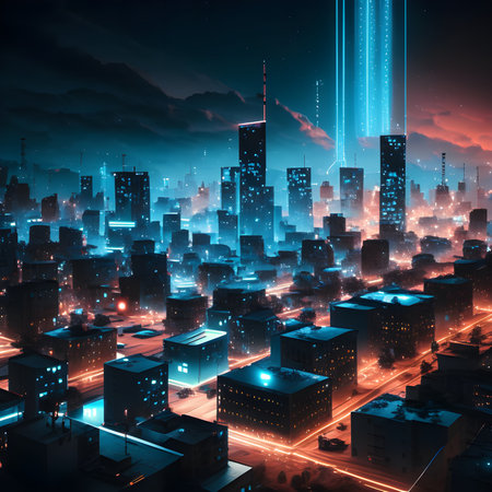 Futuristic city at night with neon lights. 3d renderingの素材