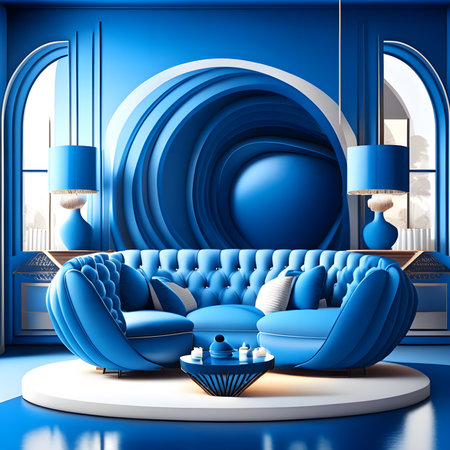 Blue living room interior with blue armchairs, coffee table and blue carpet. 3d renderの素材