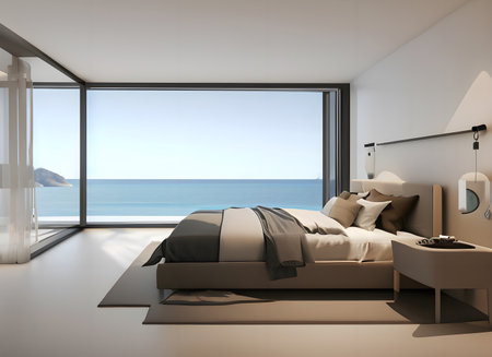 Luxury bedroom with sea view. 3d render concept.の素材