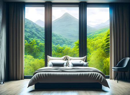Modern bedroom interior with panoramic window and mountain view. 3D Renderingの素材