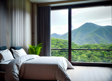 Luxury bedroom interior with a view of the mountains. 3d renderingの素材