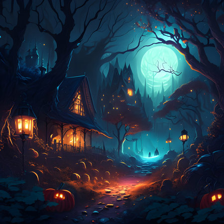 Halloween background with haunted house, pumpkins and moon. Vector illustration.の素材