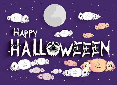 Halloween background with cute ghost, moon and ghost. Vector illustration.の素材