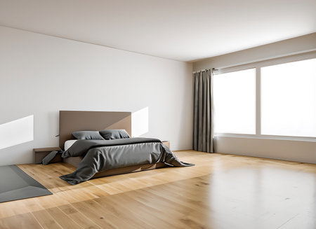 Corner of modern bedroom with white walls, wooden floor, comfortable king size bed and gray blanket. 3d renderingの素材