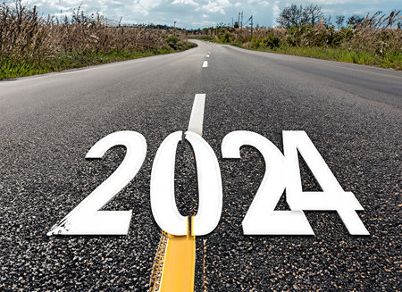 New year 2024 written on asphalt road. 3d render. Conceptual image.の素材