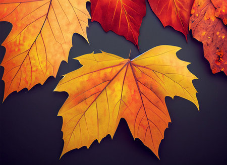 Autumn maple leaves on a black background. 3d illustration.の素材