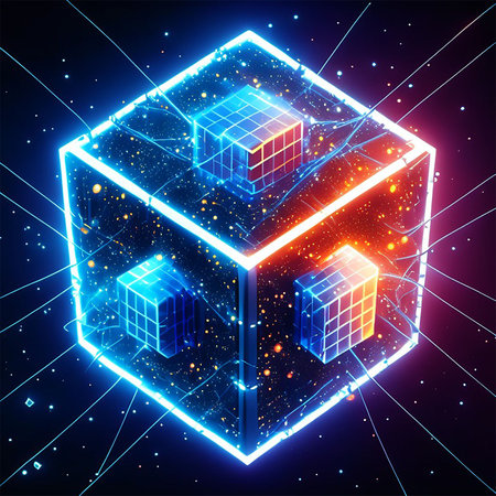 3d isometric cube with luminous elements on dark background. Vector illustration.の素材