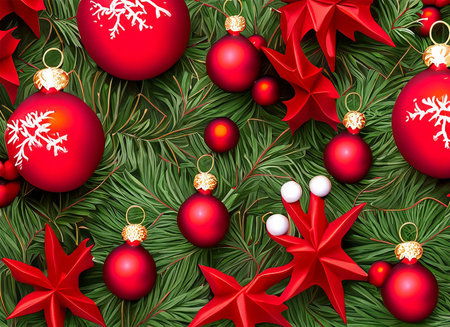 Christmas and New Year background with red baubles and fir branches.の素材