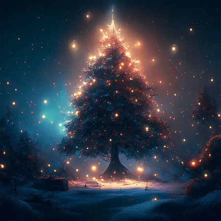 Christmas tree in a snowy forest. Christmas background. Vector illustration.の素材