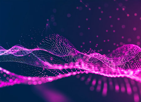 Abstract background. Big data visualization. Dynamic wave of particles. Futuristic vector illustration.の素材