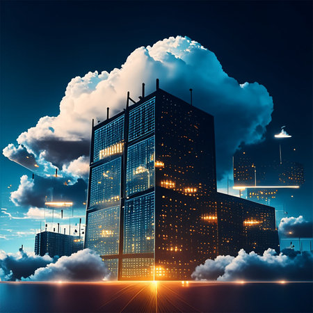 Night cityscape with skyscrapers and clouds. Vector illustration.の素材